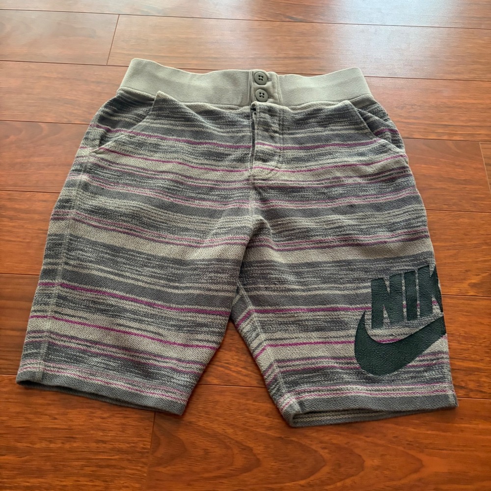 Nike F.C. Sportswear Striped French Terry Sweat Shorts Gray Purple Swoosh Small